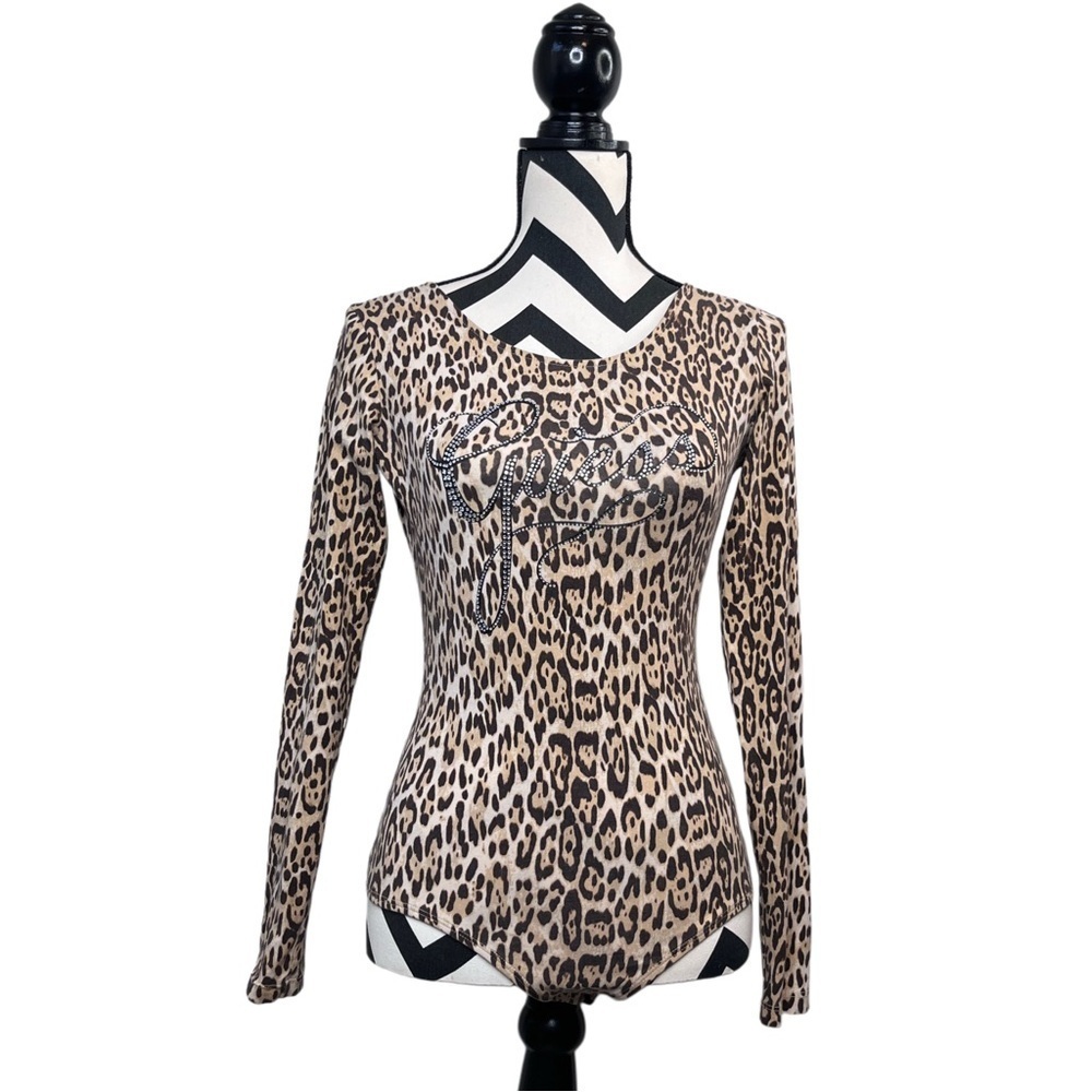 Guess Y2K Rhinestone Leopard Print Boho Sz M Long-Sleeve Fitted Bodysuit